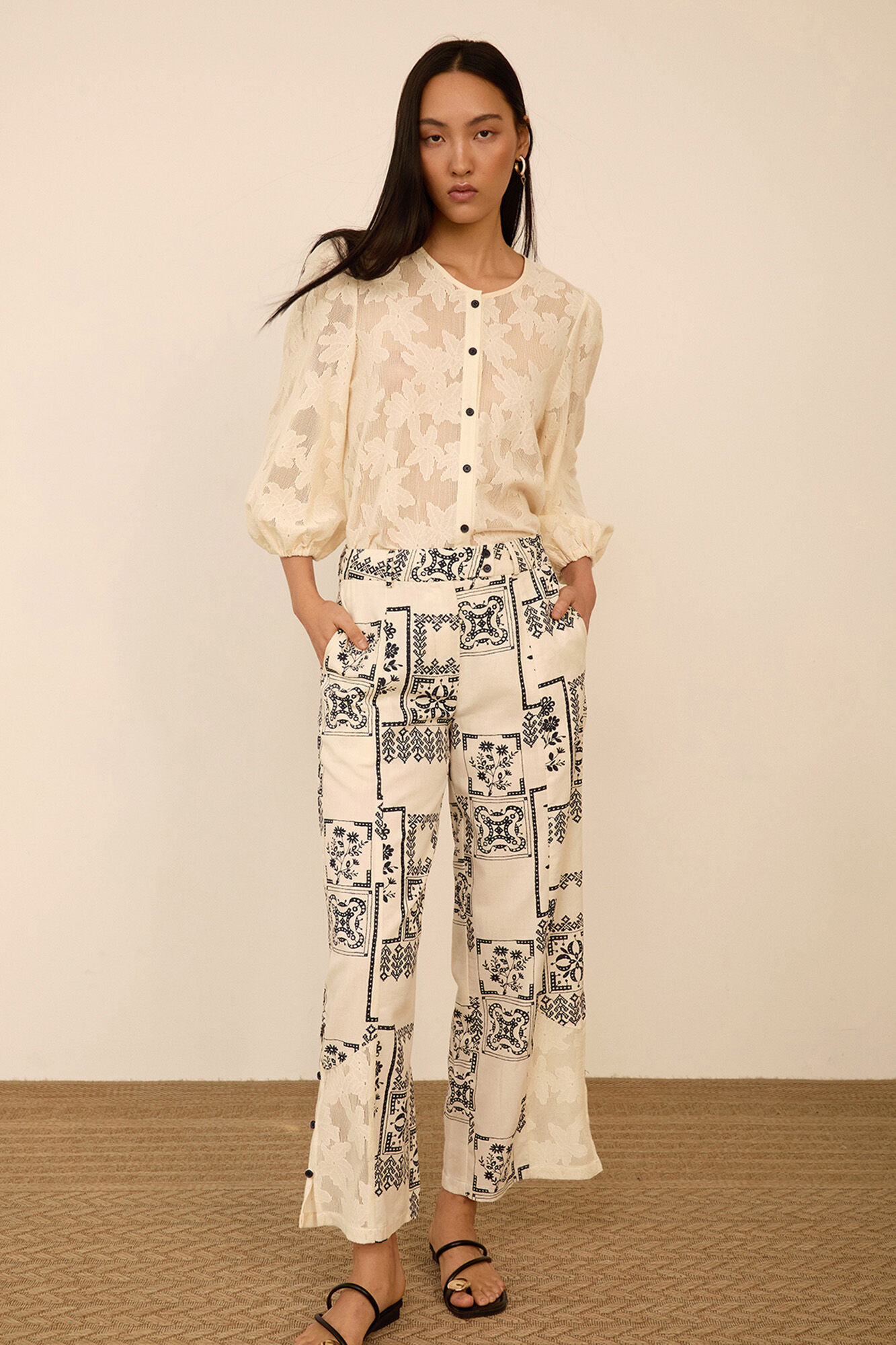 Meisie Printed two-fabric trousers