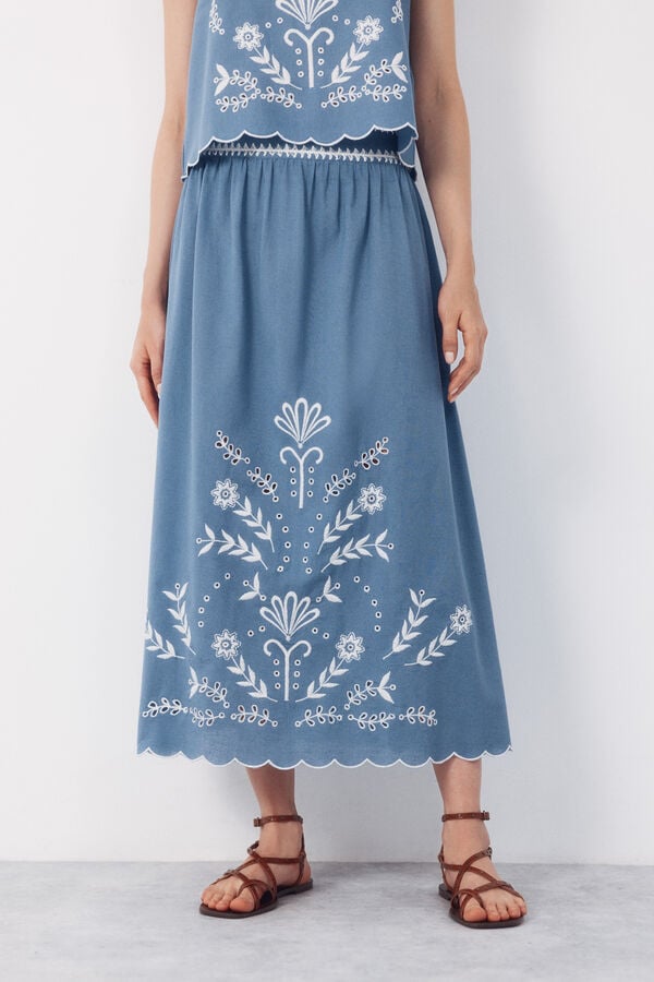 Cortefiel Embroidered skirt Blue