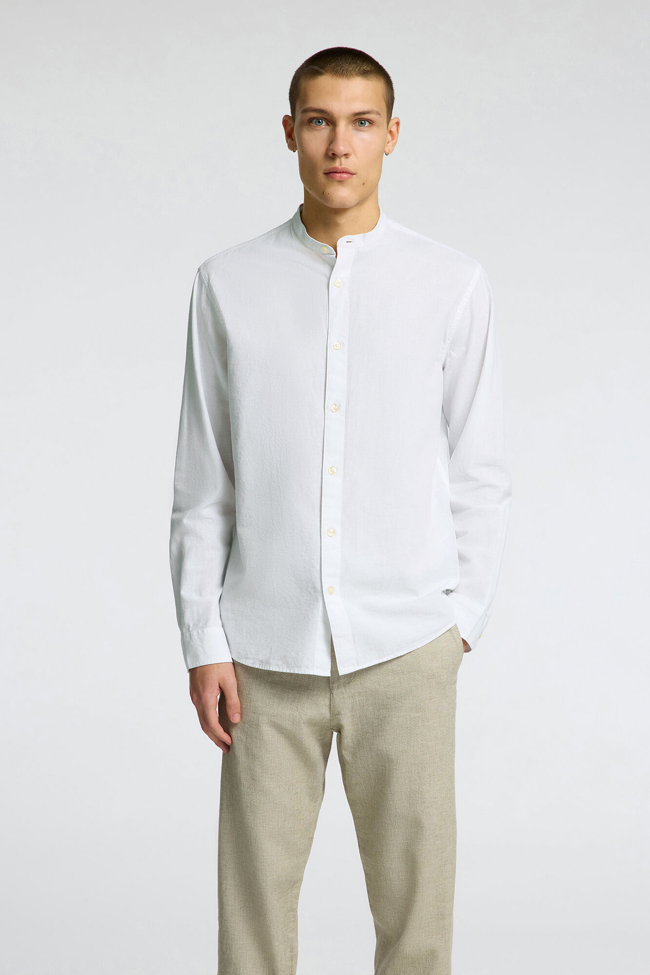 Selected linen shirt with mandarin collar