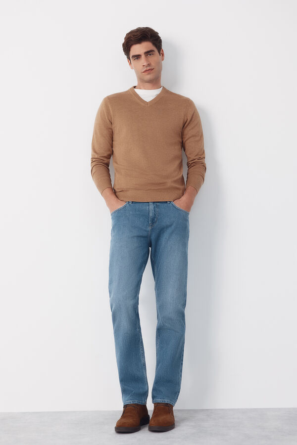 Cortefiel Basic cotton V neck knit jersey-knit Camel