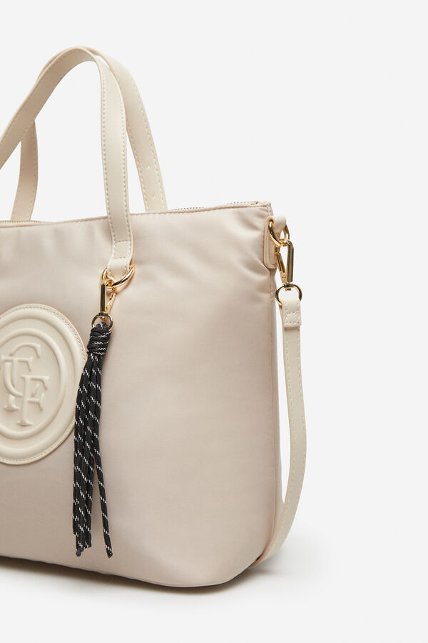 Cortefiel Quilted nylon logo shopper bag Ivory