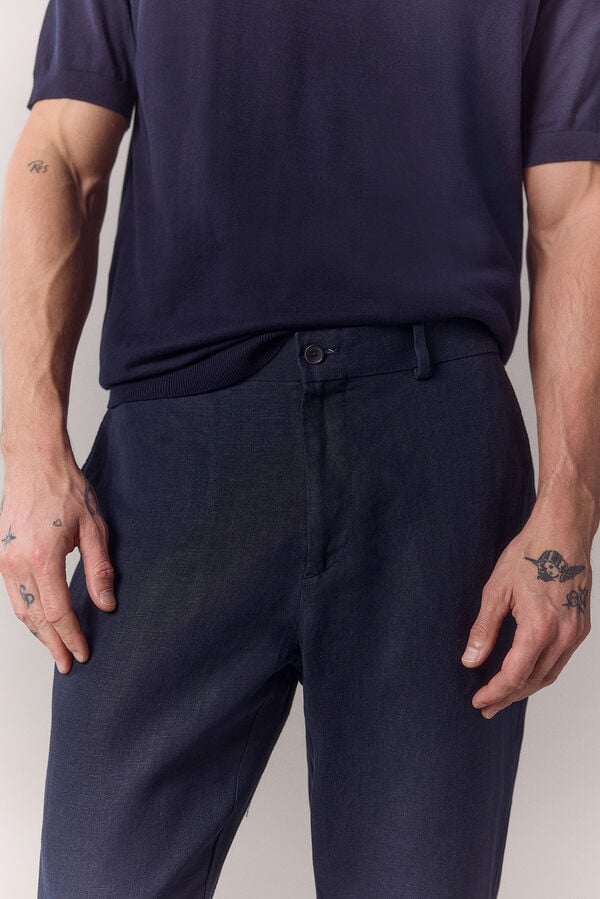 OOTO Cal&ccedil;a de fato coordenado em linho Azul