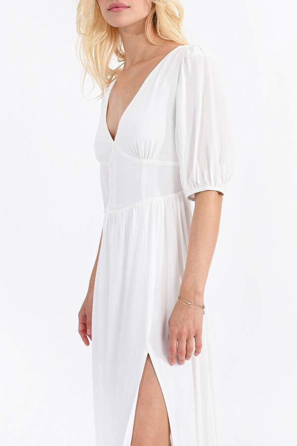 Cortefiel Long short-sleeved dress with pleats Ivory