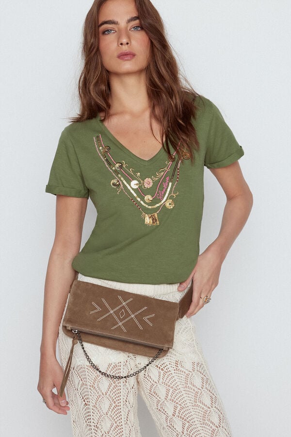 Cortefiel Embroidered necklace t-shirt Kaki