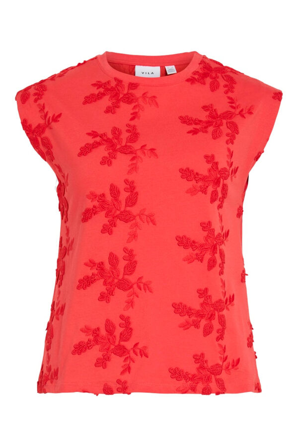 Vila Top sem mangas com bordados em algod&atilde;o Vermelho