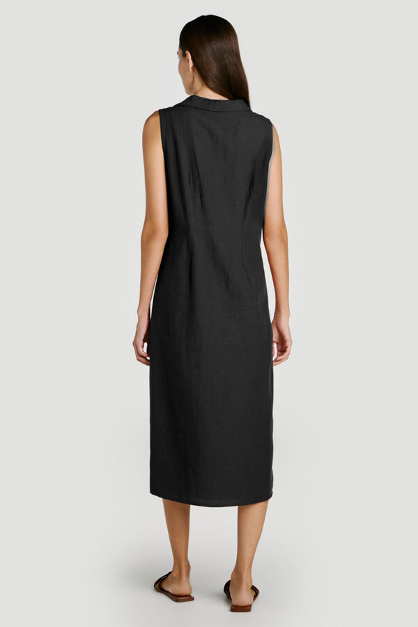 Vila Vestido midi camiseiro de linho Preto