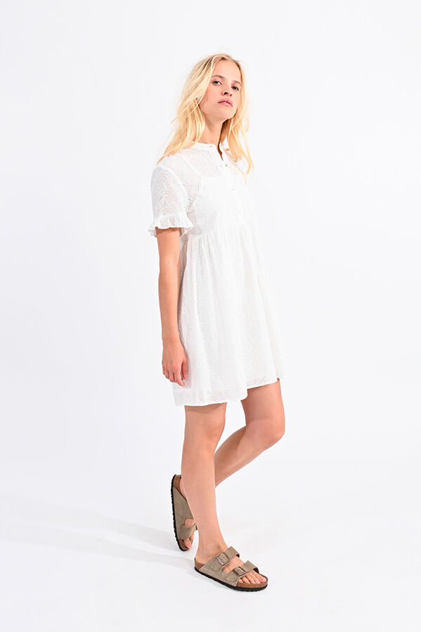 Cortefiel Short-sleeved dress with ruffles in embroidered fabric White