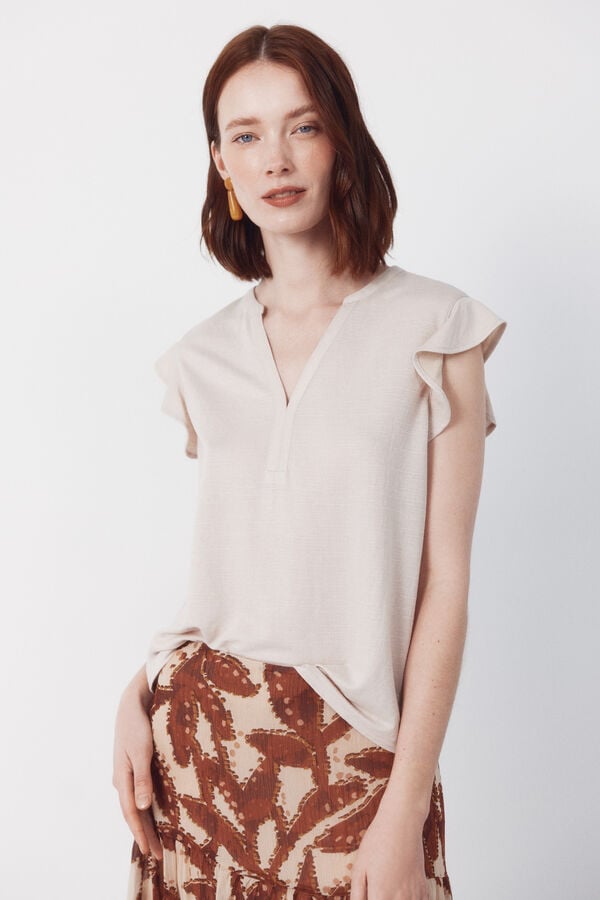 Cortefiel Flounced sleeve t-shirt Beige