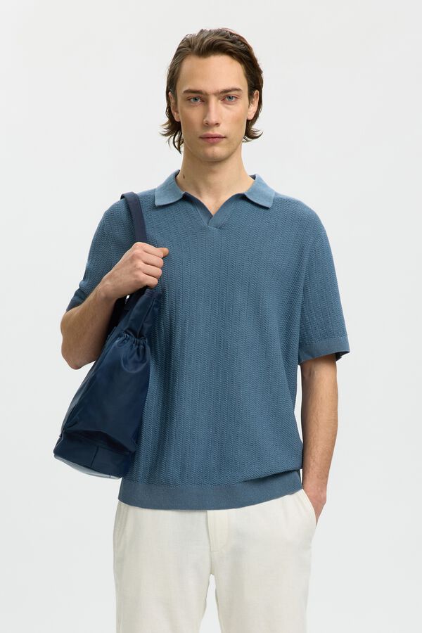 Selected Polo de malha com gola aberta Azul