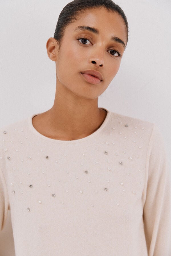 Cortefiel T-shirt with pearl and rhinestone details Ivory