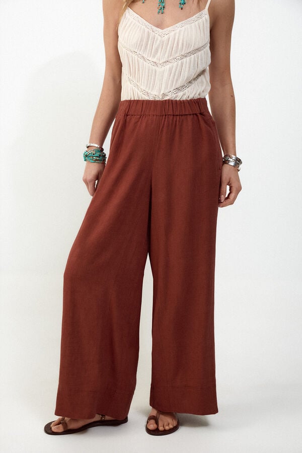 Slowlove Pantal&oacute;n ancho de lino lavado Castanho