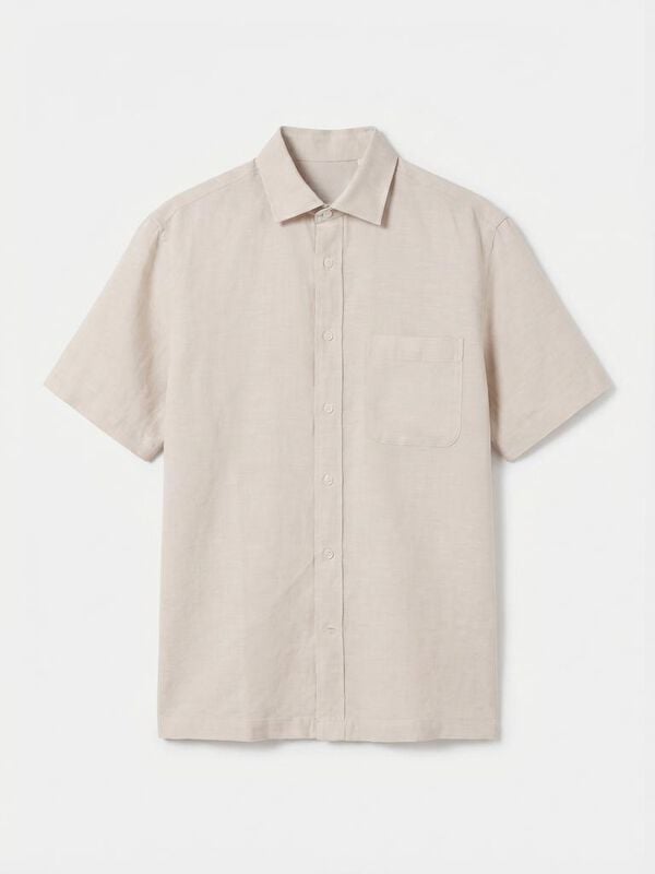 Cortefiel Camisa de algod&atilde;o e linho lisa de manga curta Tostado