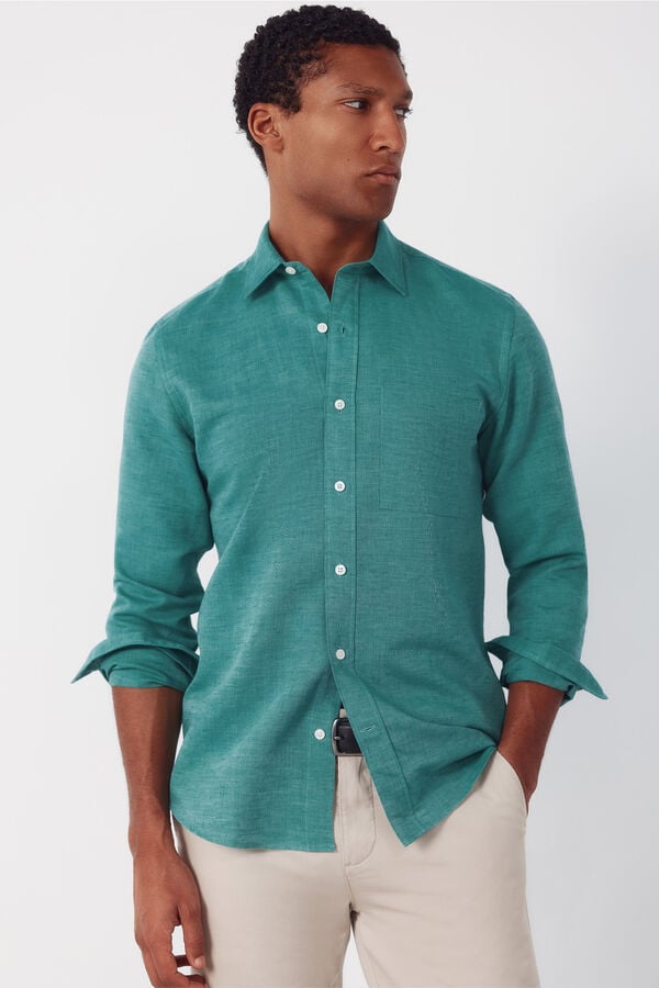Cortefiel Plain linen cotton shirt Green