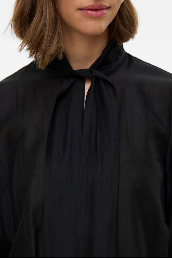 Vero Moda Blusa feminina de manga comprida com laço no gola  Preto
