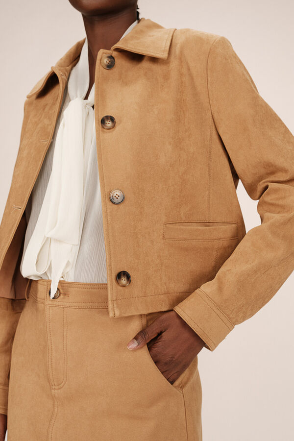 Grace & Mila Short faux suede jacket in camel color Beige