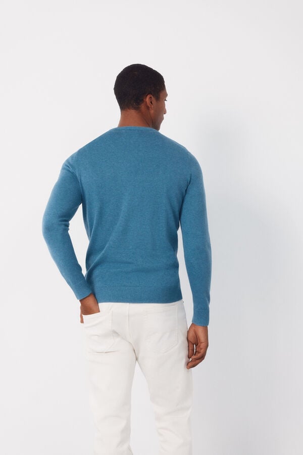 Cortefiel Basic cotton V neck knit jersey-knit Blue