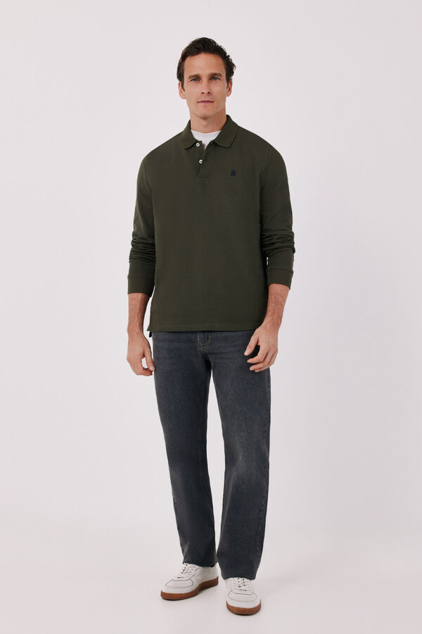 Cortefiel Basic long sleeve polo shirt Kaki