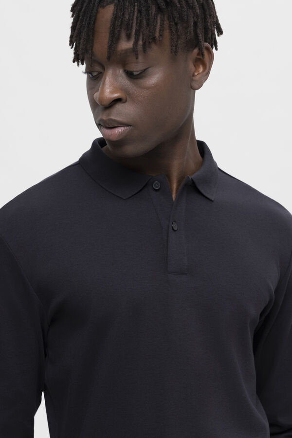 Cortefiel Long-sleeved recycled cotton polo shirt Black