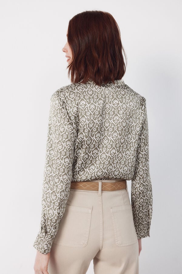 Cortefiel Printed satin mandarin shirt Printed green