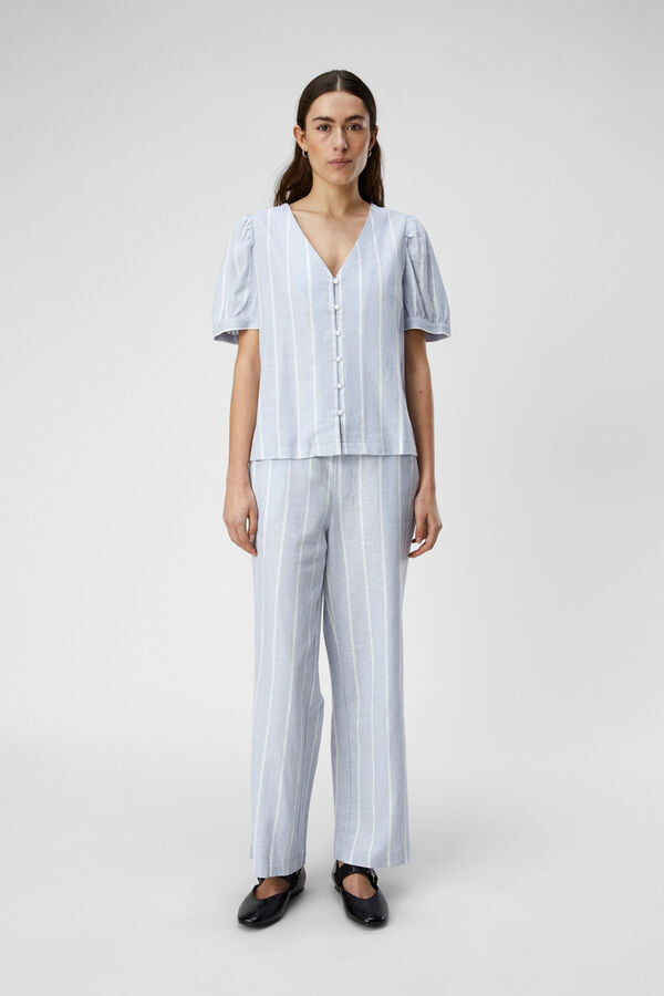 Cortefiel Linen blouse in a striped print Blue