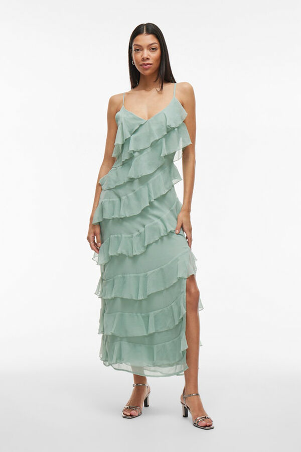 Vila Vestido de festa midi com babados Verde