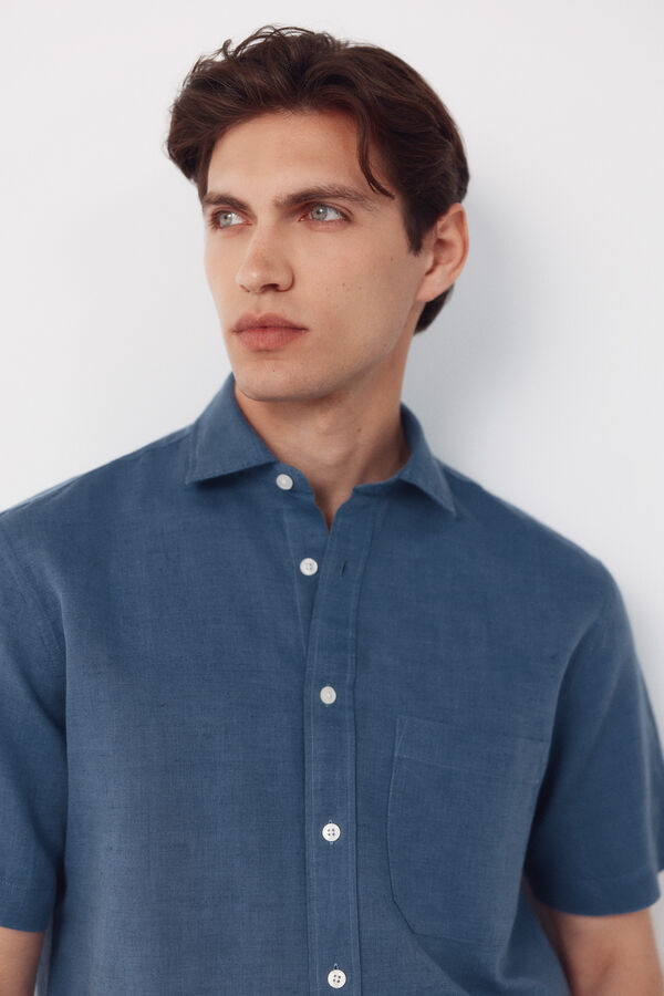 Cortefiel Camisa de algod&atilde;o e linho lisa de manga curta Azul