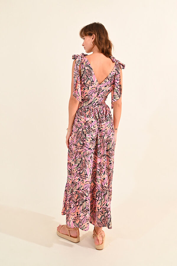 Cortefiel Long printed dress with tie belt and ruffles Multicolour
