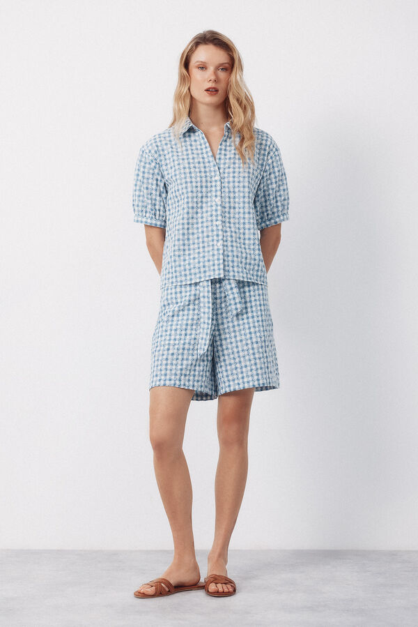 Cortefiel Embroidered gingham blouse Printed blue