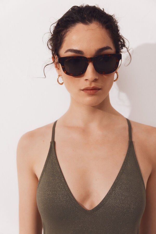 Cortefiel Shiny fabric shaping swimsuit Kaki