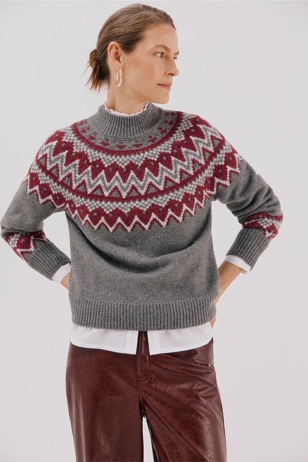 Cortefiel Placement jacquard jumper. Grey