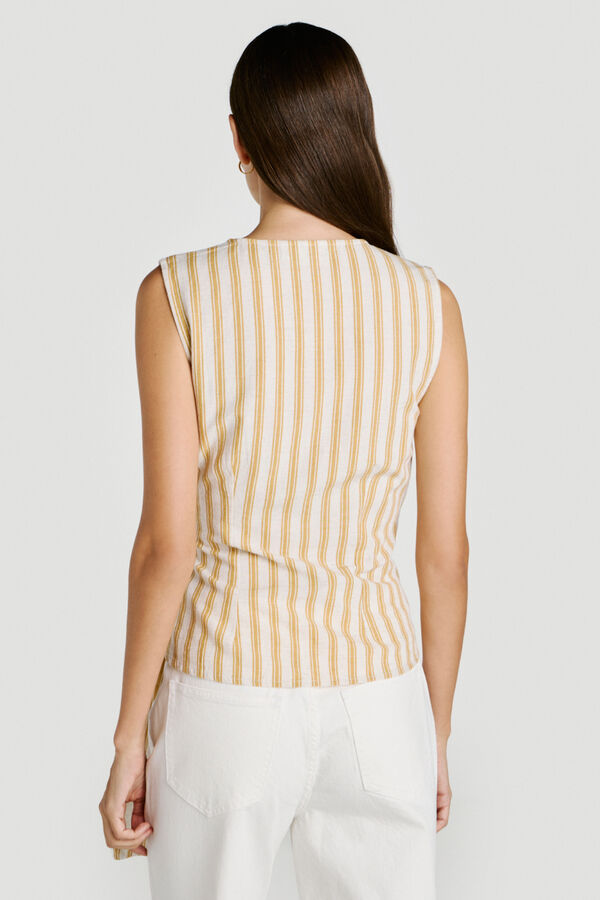 Vila Top de mulher cruzado com la&ccedil;ada de linho Ecru