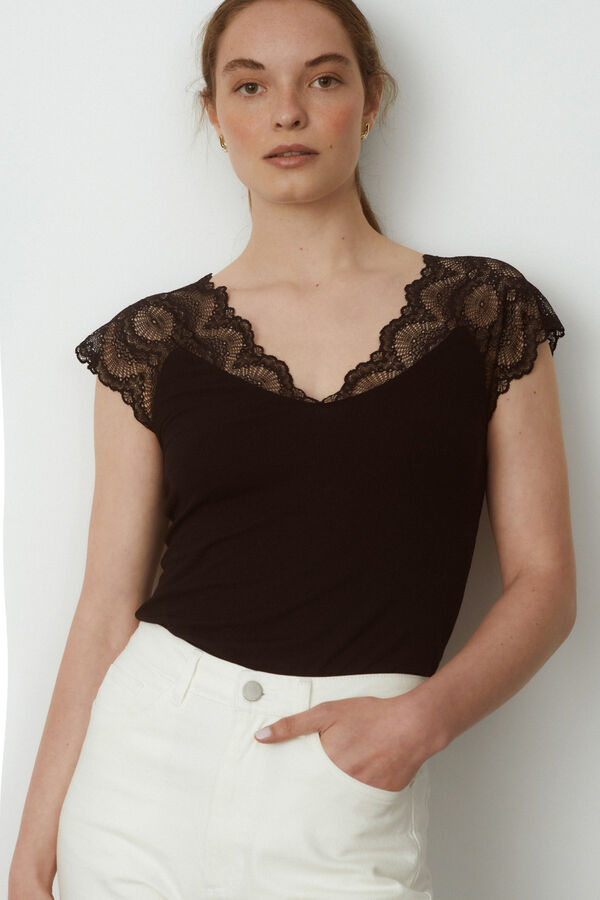 Vila T-shirt canelada com renda Preto