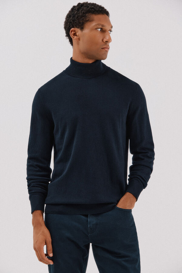 Cortefiel Cotton/silk cashmere high neck jumper Navy