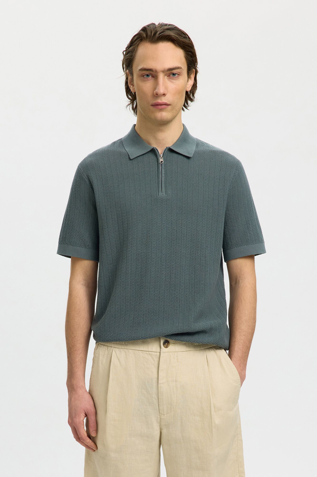 Selected Polo de punto con media cremallera