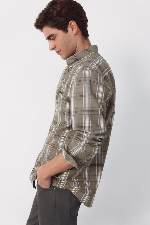 Cortefiel Checked poplin shirt Kaki