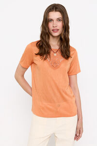 Cortefiel Camiseta parche guipur cuello redondo Naranja