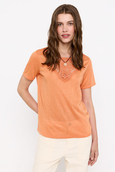 Cortefiel Round-neck guipure T-shirt with patch Orange