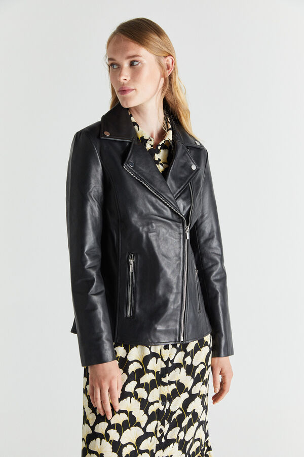 Cortefiel Leather biker jacket Black
