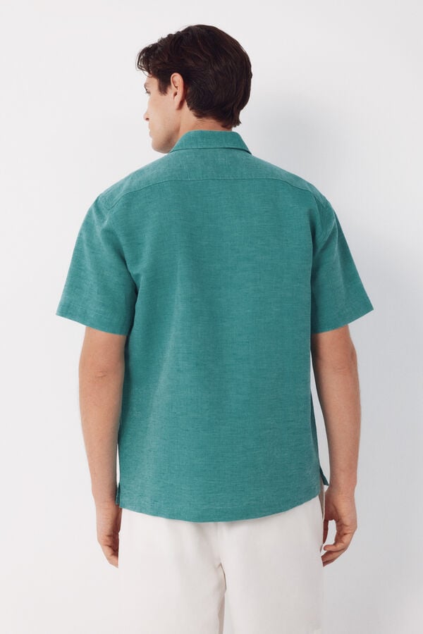 Cortefiel Plain cotton linen short sleeve shirt Green