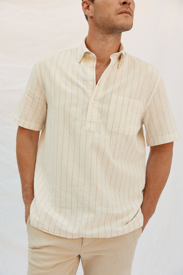Cortefiel Striped cotton linen short sleeve shirt Ivory