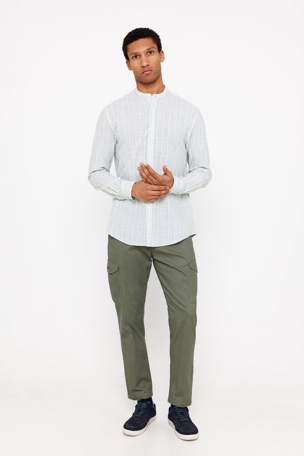 Cortefiel Striped slub cotton shirt with Mandarin collar Dark green