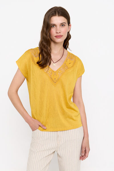 Cortefiel V-neck guipure T-shirt with patch Gold
