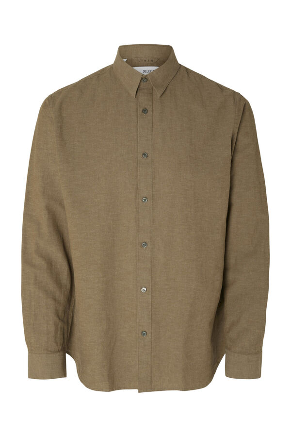 Cortefiel Camisa de manga larga confeccionada con lino y algodón reciclado. Marrón