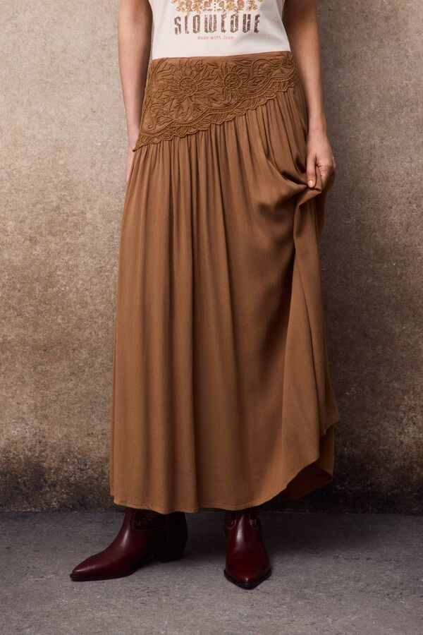 Slowlove Embroidered midi skirt Beige