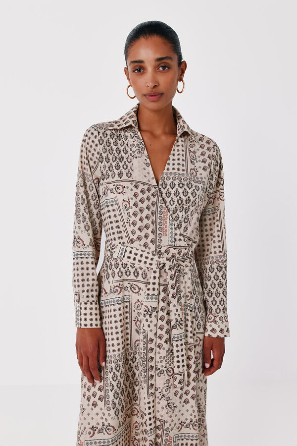 Cortefiel Printed wrap shirt dress Printed beige