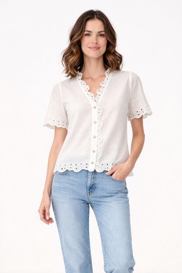 Vila Blusa em algod&atilde;o org&acirc;nico com renda inglesa Branco