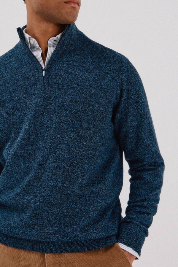 Cortefiel Twisted-knit wool jumper with zip Navy