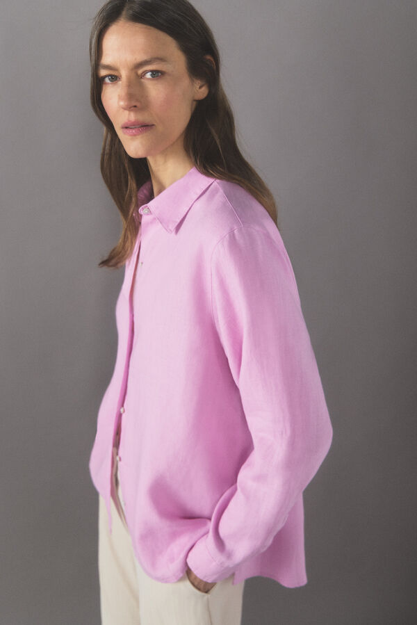 Cortefiel Long-sleeved linen shirt Lilac