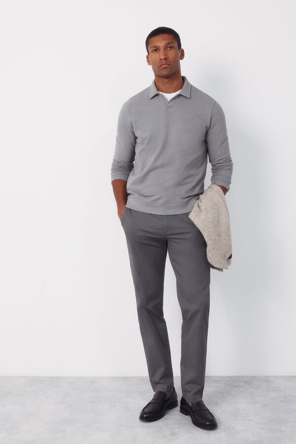 Cortefiel Long sleeve link structure polo shirt Grey