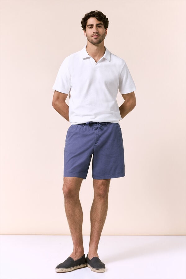 OOTO Bermuda com cord&otilde;es em linho Azul